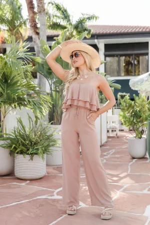 Destined To Impress Mocha Strapless Ruffle Jumpsuit FINAL SALE