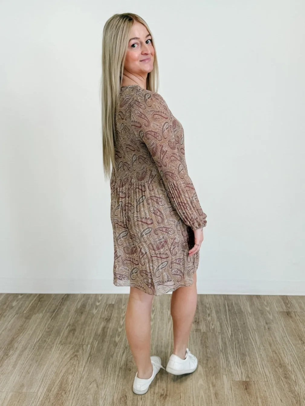DEX Pleated A-Line Dress in Neutral Paisley