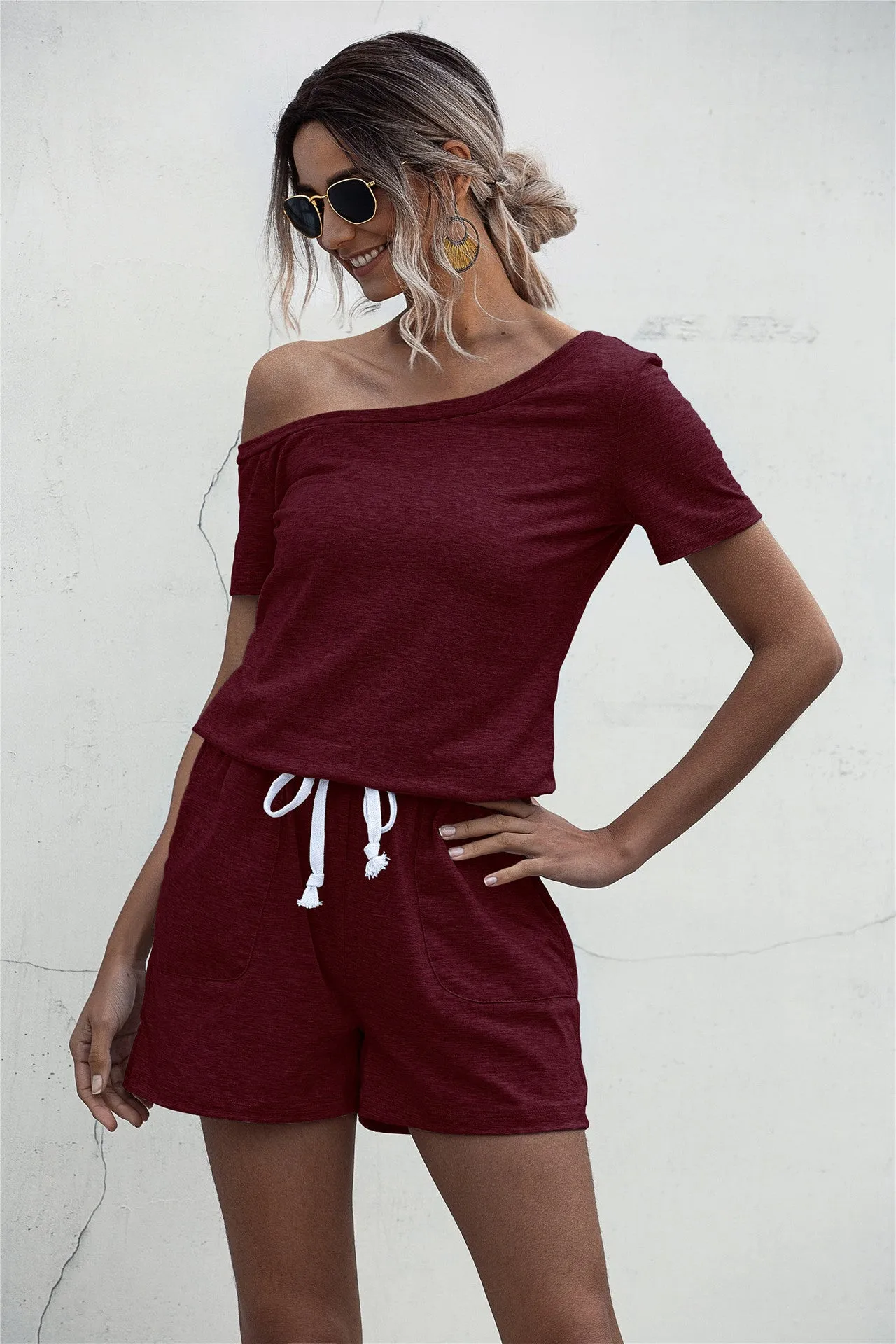 Diagonal Shoulder Short Sleeve Jumpsuit Rompers With Pocket