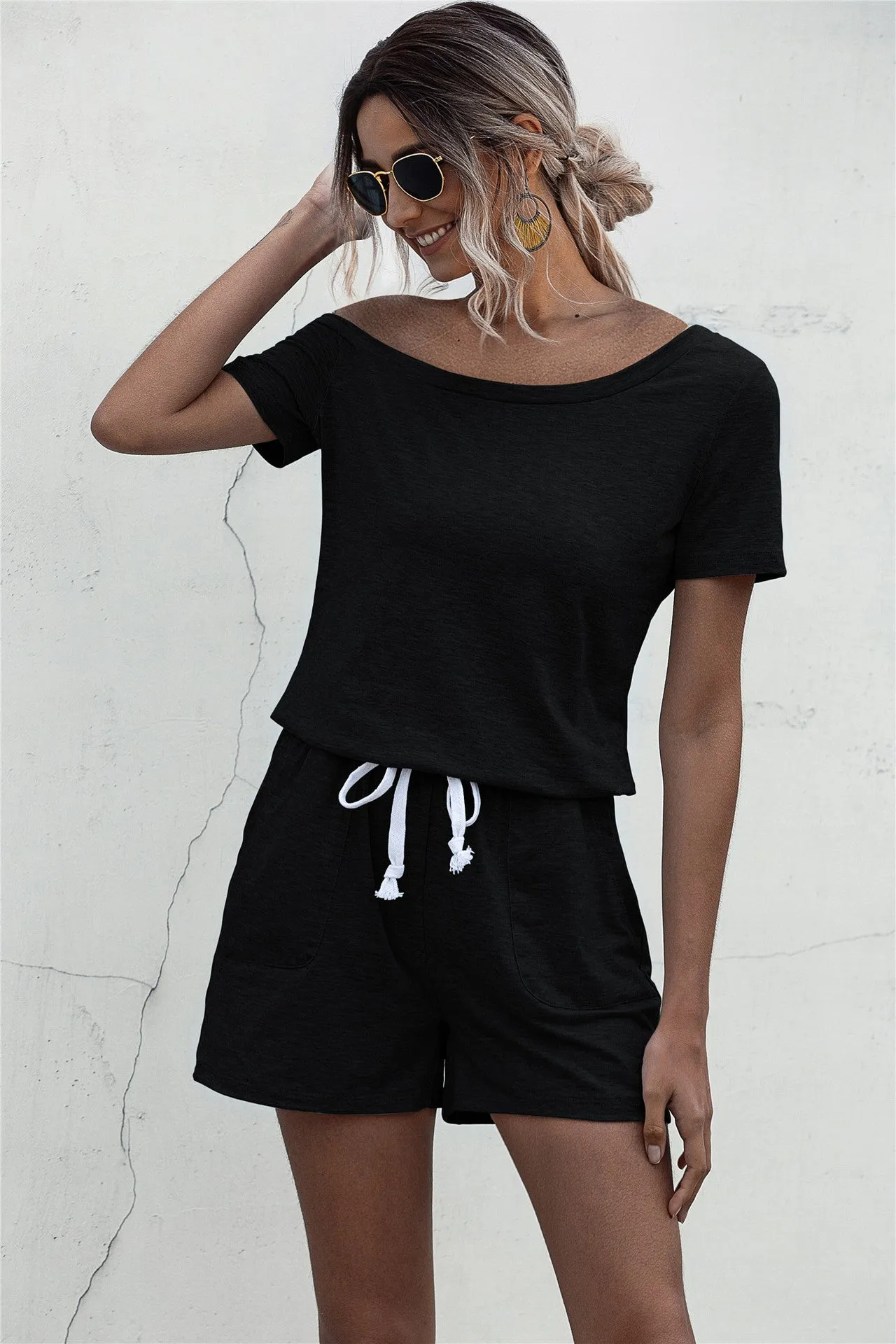 Diagonal Shoulder Short Sleeve Jumpsuit Rompers With Pocket