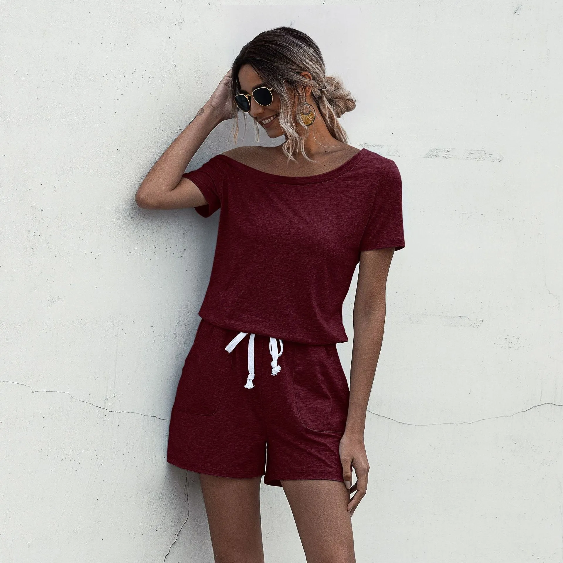 Diagonal Shoulder Short Sleeve Jumpsuit Rompers With Pocket