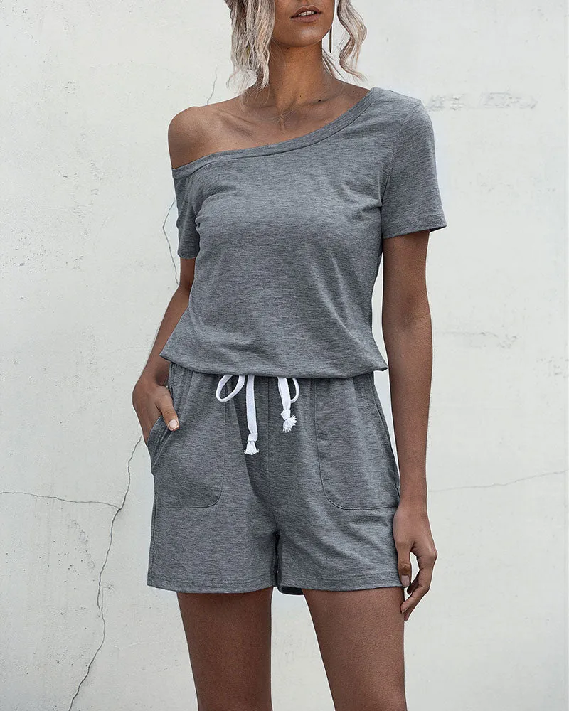 Diagonal Shoulder Short Sleeve Jumpsuit Rompers With Pocket