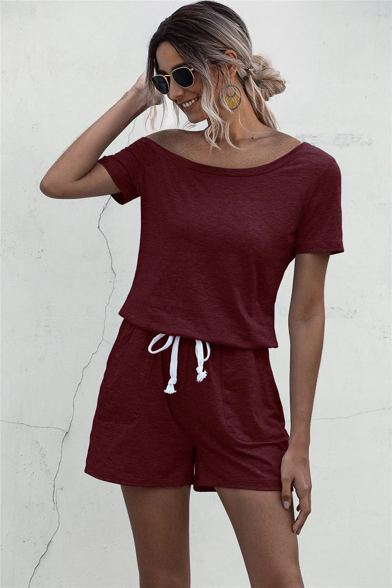 Diagonal Shoulder Short Sleeve Jumpsuit Rompers With Pocket