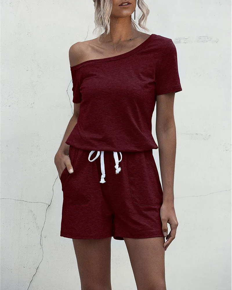 Diagonal Shoulder Short Sleeve Jumpsuit Rompers With Pocket