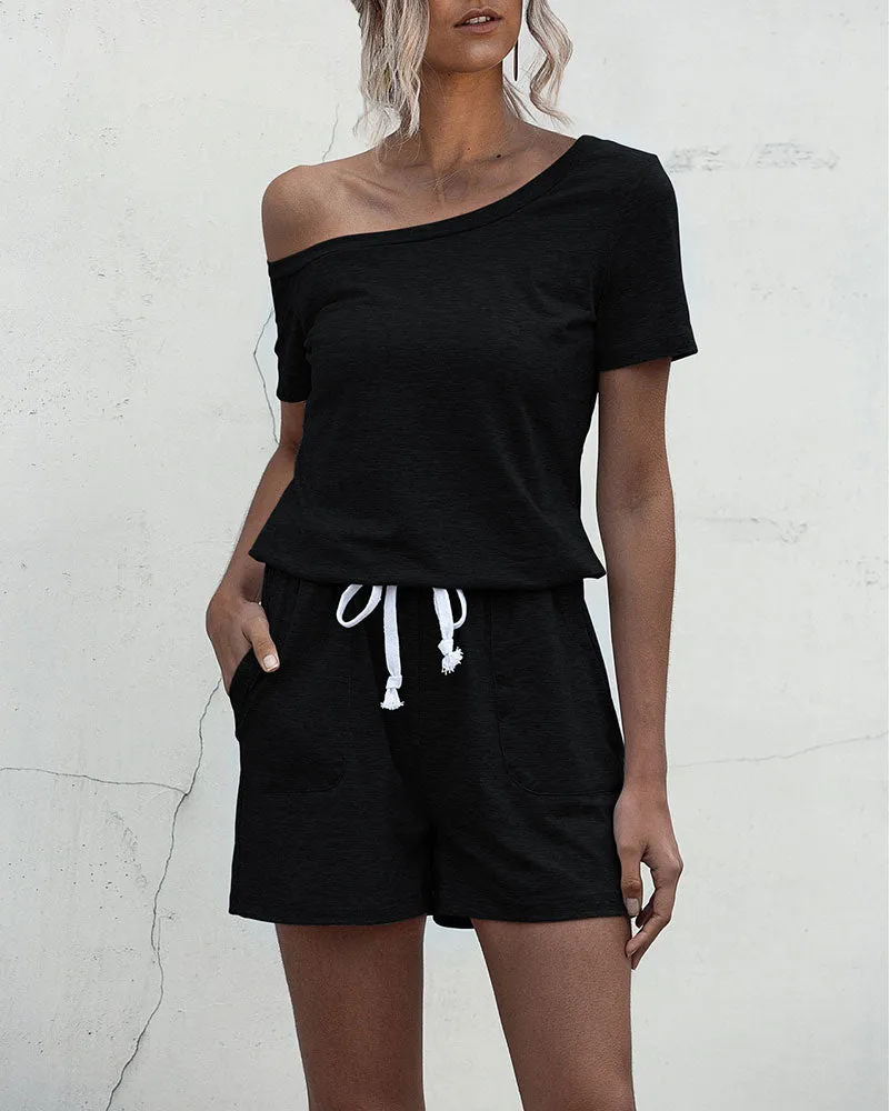 Diagonal Shoulder Short Sleeve Jumpsuit Rompers With Pocket