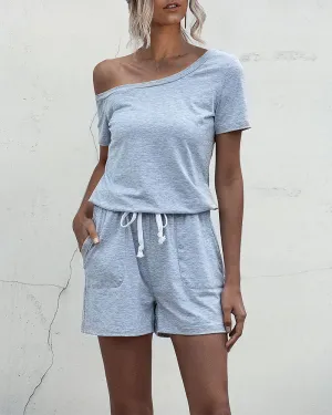 Diagonal Shoulder Short Sleeve Jumpsuit Rompers With Pocket