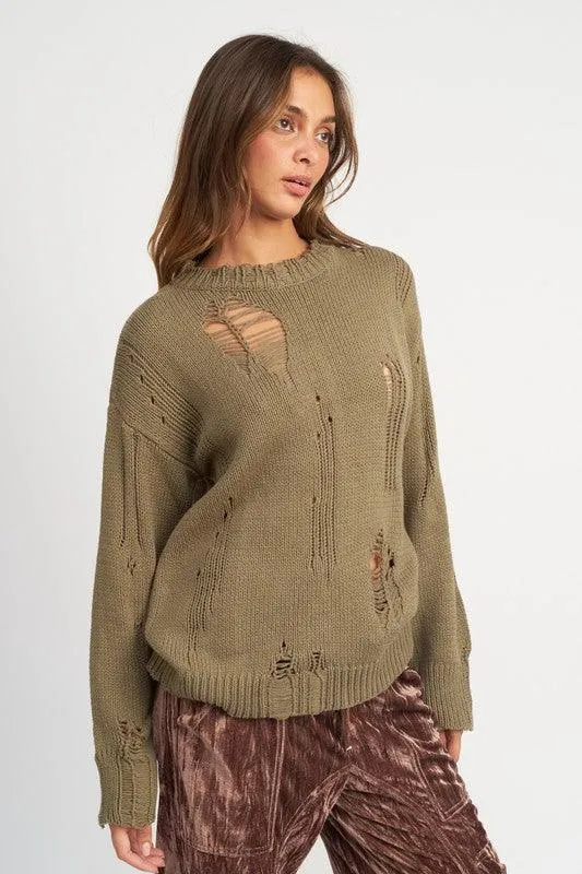 DISTRESSED OVERSIZED OLIVE SWEATER
