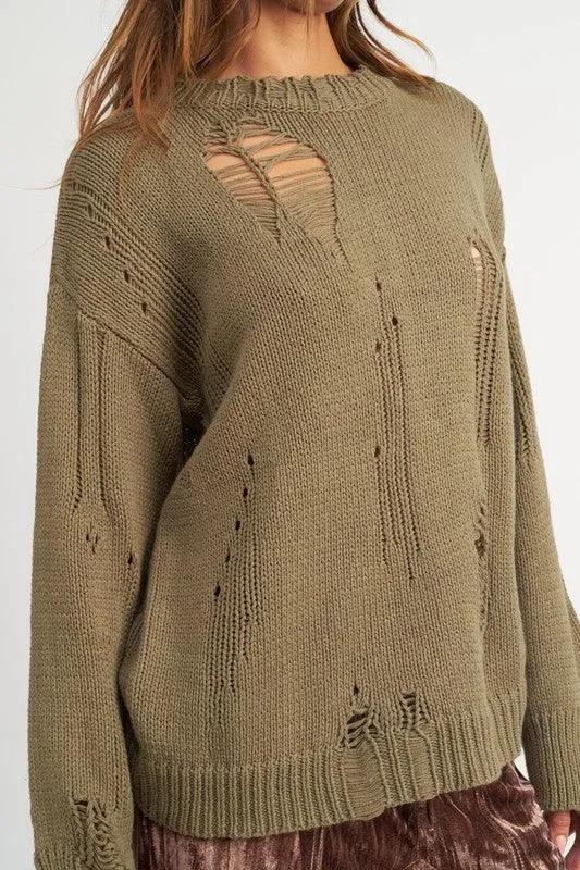 DISTRESSED OVERSIZED OLIVE SWEATER