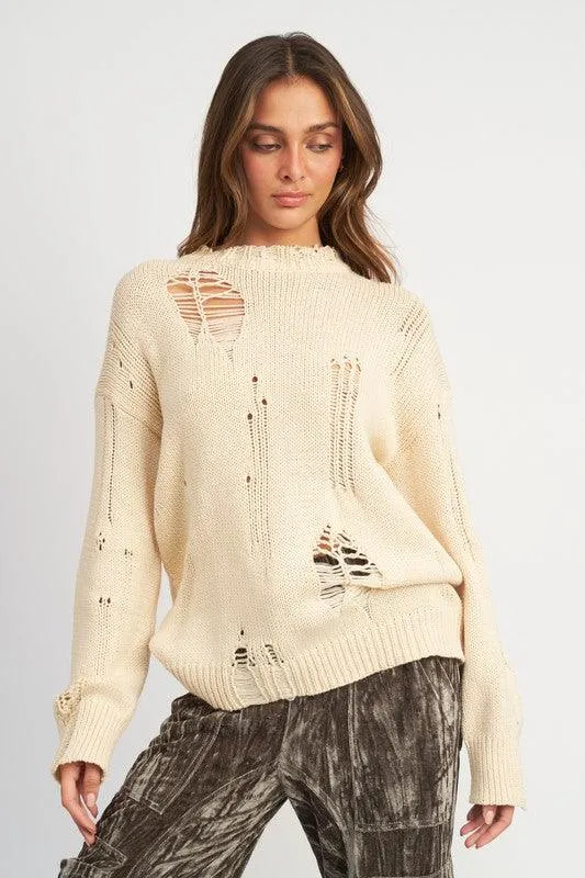 DISTRESSED OVERSIZED OLIVE SWEATER