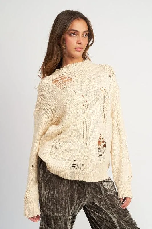 DISTRESSED OVERSIZED OLIVE SWEATER