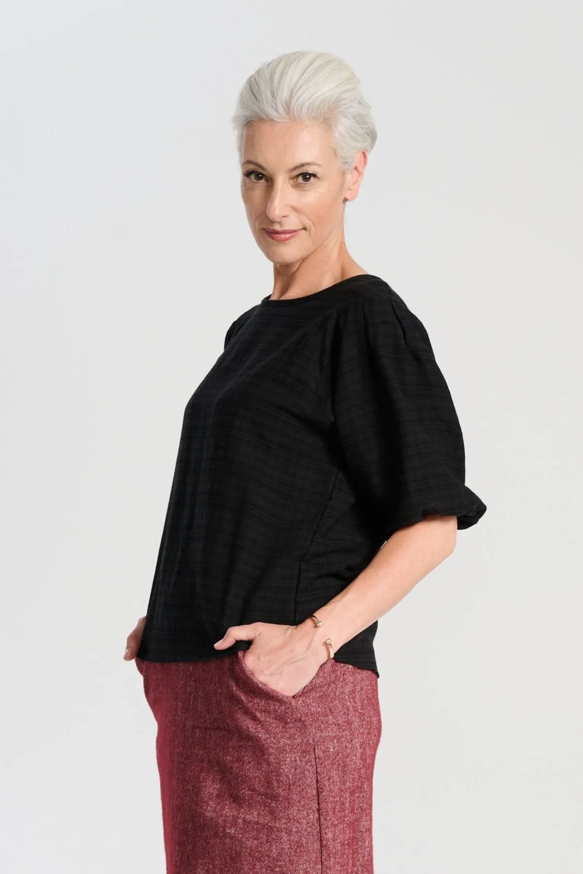 Ella Blouse Black in Brushed Seersucker