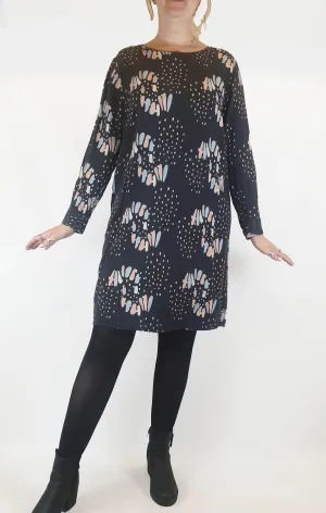 Elm charcoal dress with cute colourful print size 14, best fits 12-14