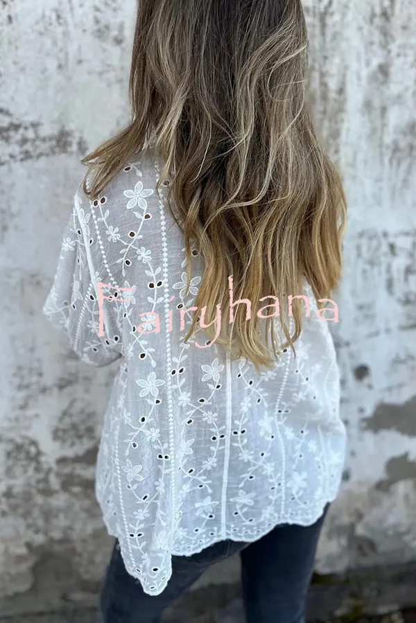 Embroidered Plant Long Sleeve Lapel Hollow Casual Shirt