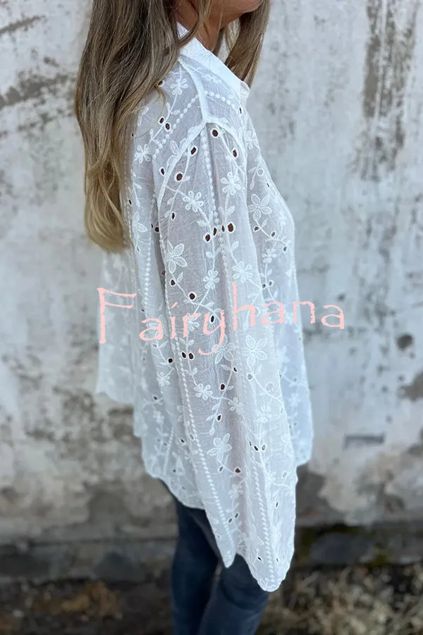 Embroidered Plant Long Sleeve Lapel Hollow Casual Shirt