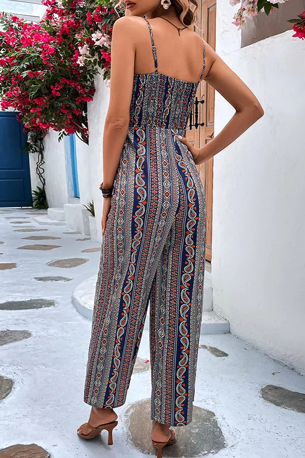 Ethnic Style Unique Printed Suspenders Casual Wide-leg Jumpsuit