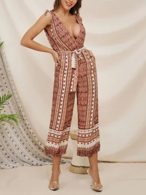 Fashion Print Deep V-neck Sexy Sling Jumpsuit Pants