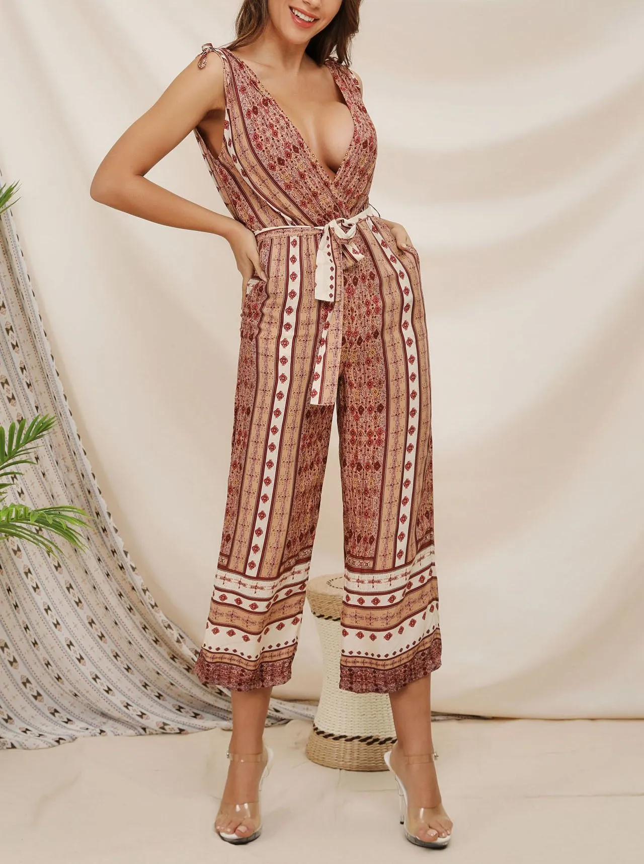 Fashion Print Deep V-neck Sexy Sling Jumpsuit Pants