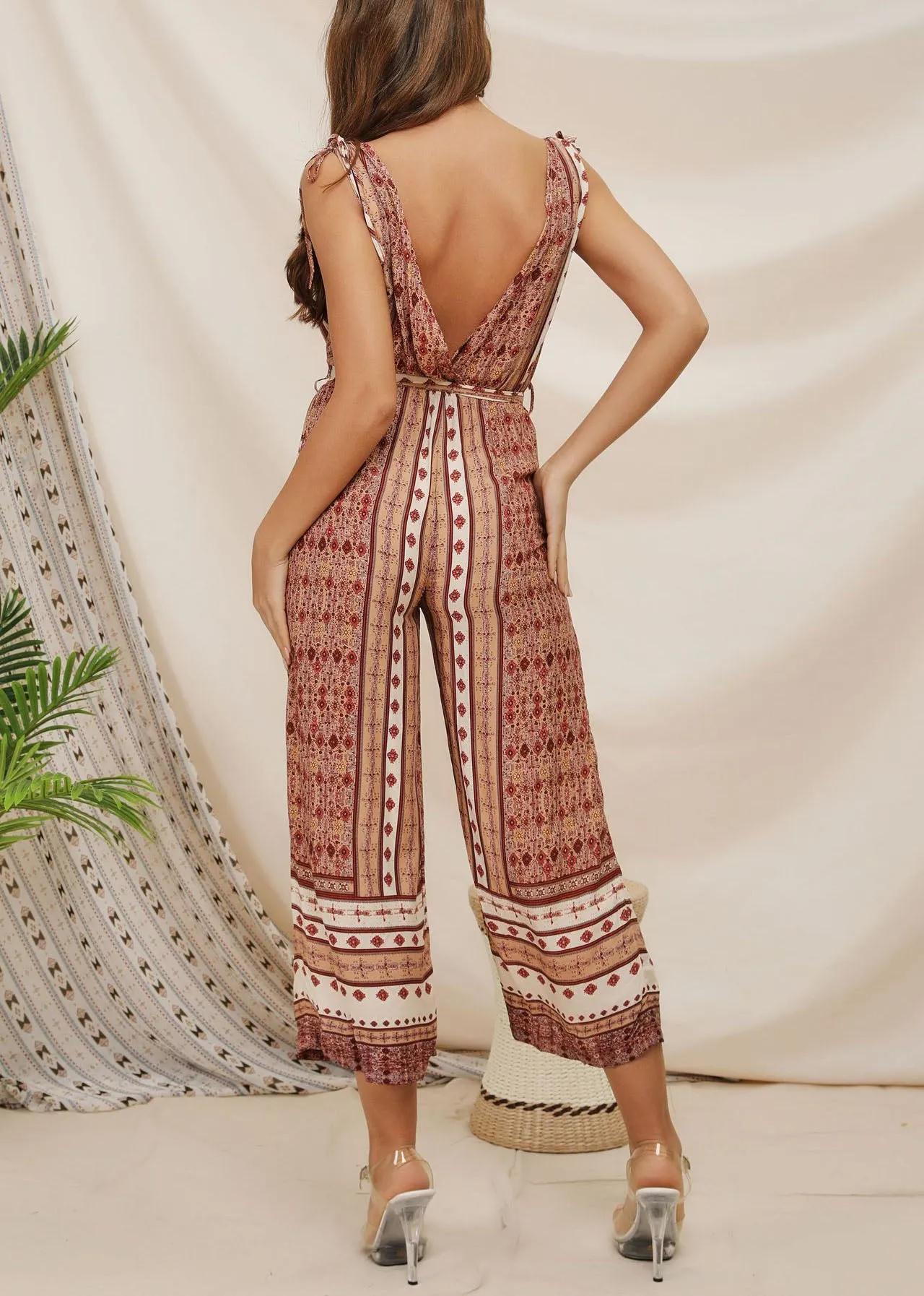 Fashion Print Deep V-neck Sexy Sling Jumpsuit Pants