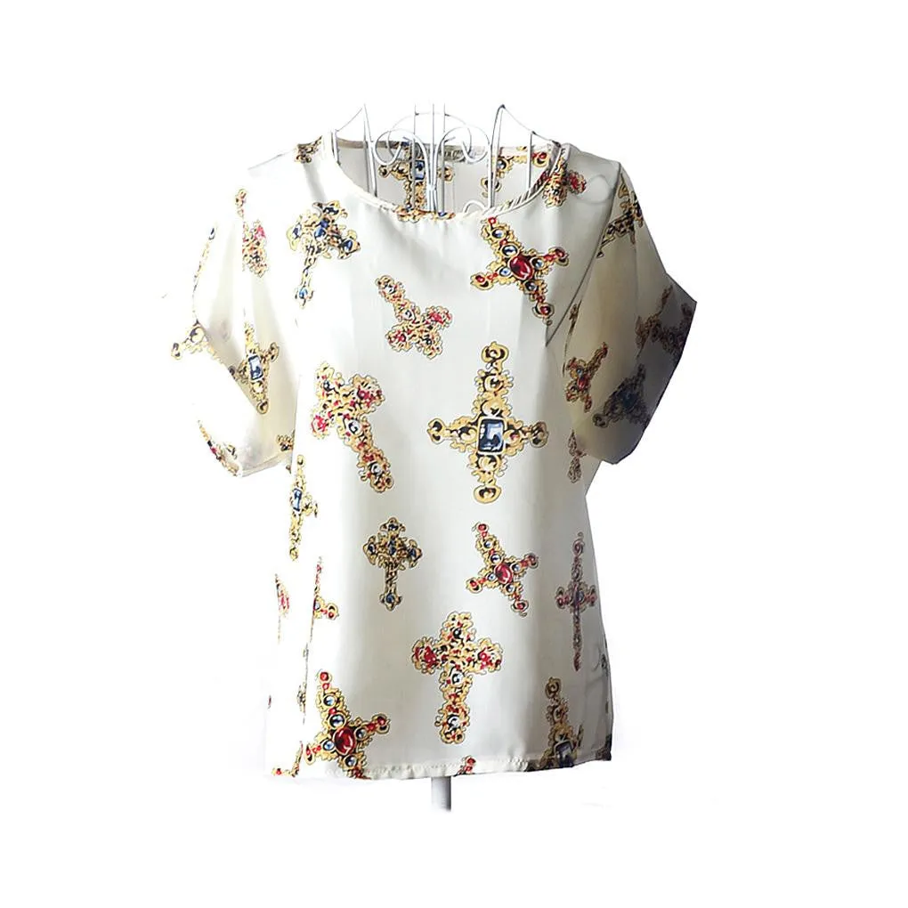 fashion Women Print Chiffon Shirt Vintage Batwing Sleeve casual T Shirts Tops