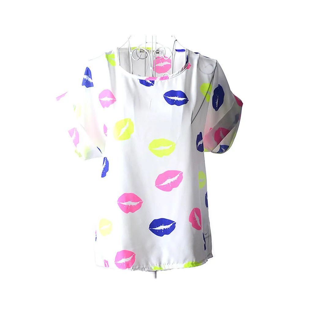 fashion Women Print Chiffon Shirt Vintage Batwing Sleeve casual T Shirts Tops