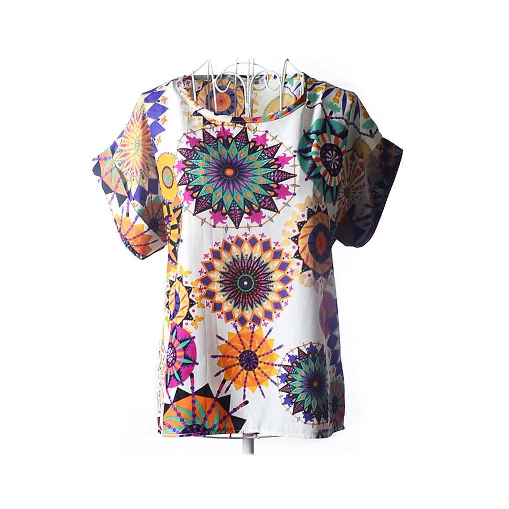 fashion Women Print Chiffon Shirt Vintage Batwing Sleeve casual T Shirts Tops