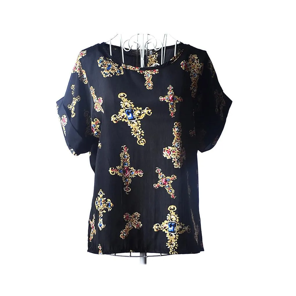 fashion Women Print Chiffon Shirt Vintage Batwing Sleeve casual T Shirts Tops