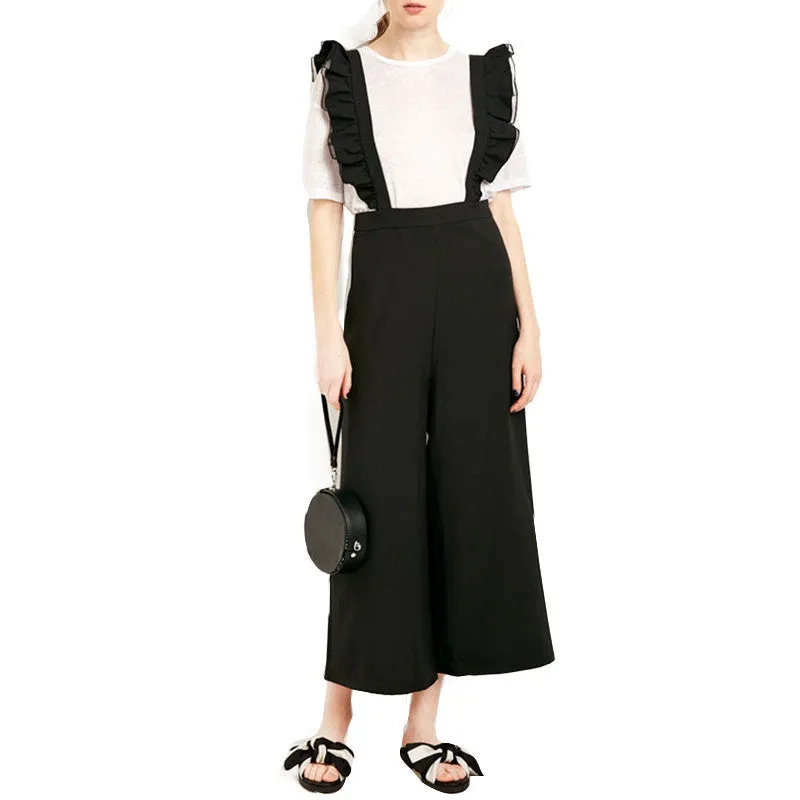 Fashion Womens Solid Black Ruffle Patchwork Casual Jumpsuit Sleeveless Wide Leg Rompers Overalls