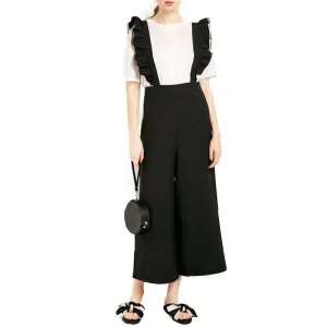 Fashion Womens Solid Black Ruffle Patchwork Casual Jumpsuit Sleeveless Wide Leg Rompers Overalls