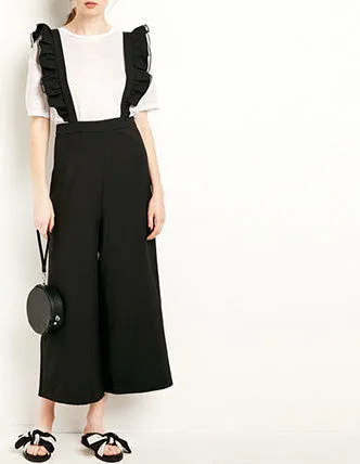 Fashion Womens Solid Black Ruffle Patchwork Casual Jumpsuit Sleeveless Wide Leg Rompers Overalls