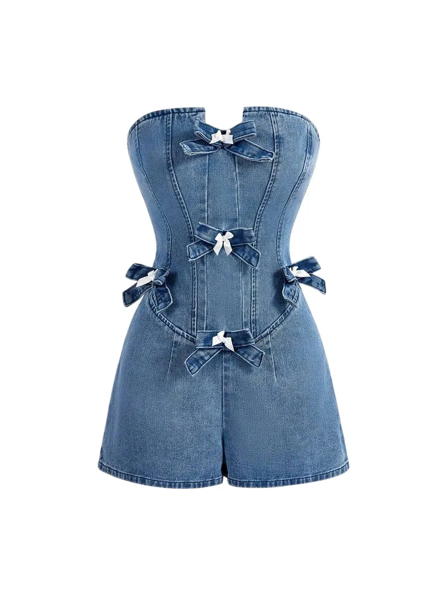 Federica Strapless Denim Tube Top – Bow & Pocket – Blue