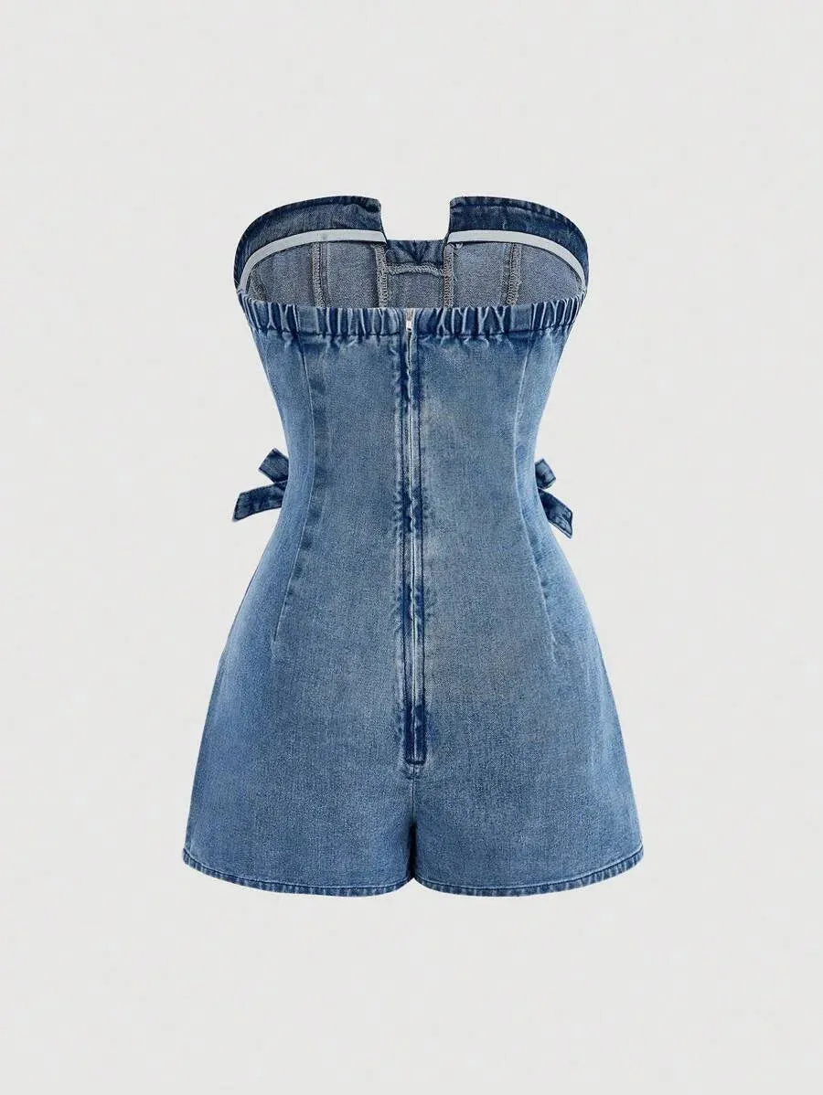Federica Strapless Denim Tube Top – Bow & Pocket – Blue