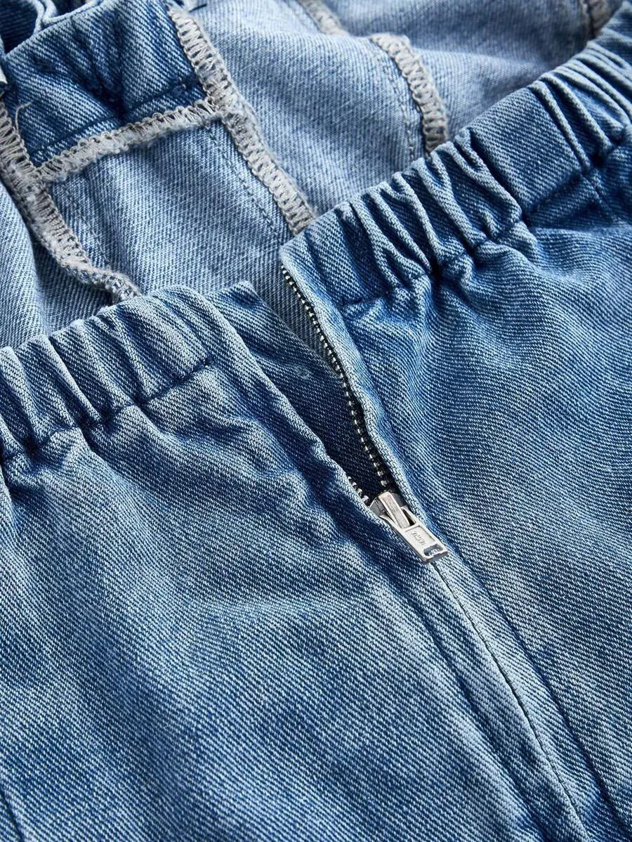Federica Strapless Denim Tube Top – Bow & Pocket – Blue