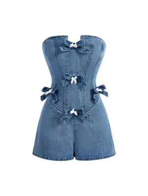 Federica Strapless Denim Tube Top – Bow & Pocket – Blue
