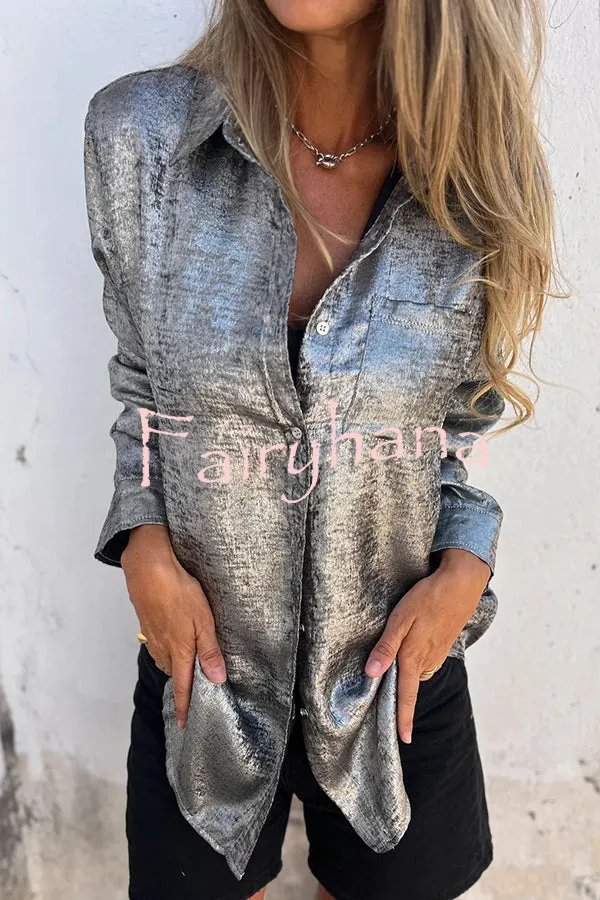 First and Fabulous Metallic Fabric Button Up Long Sleeve Loose Blouse