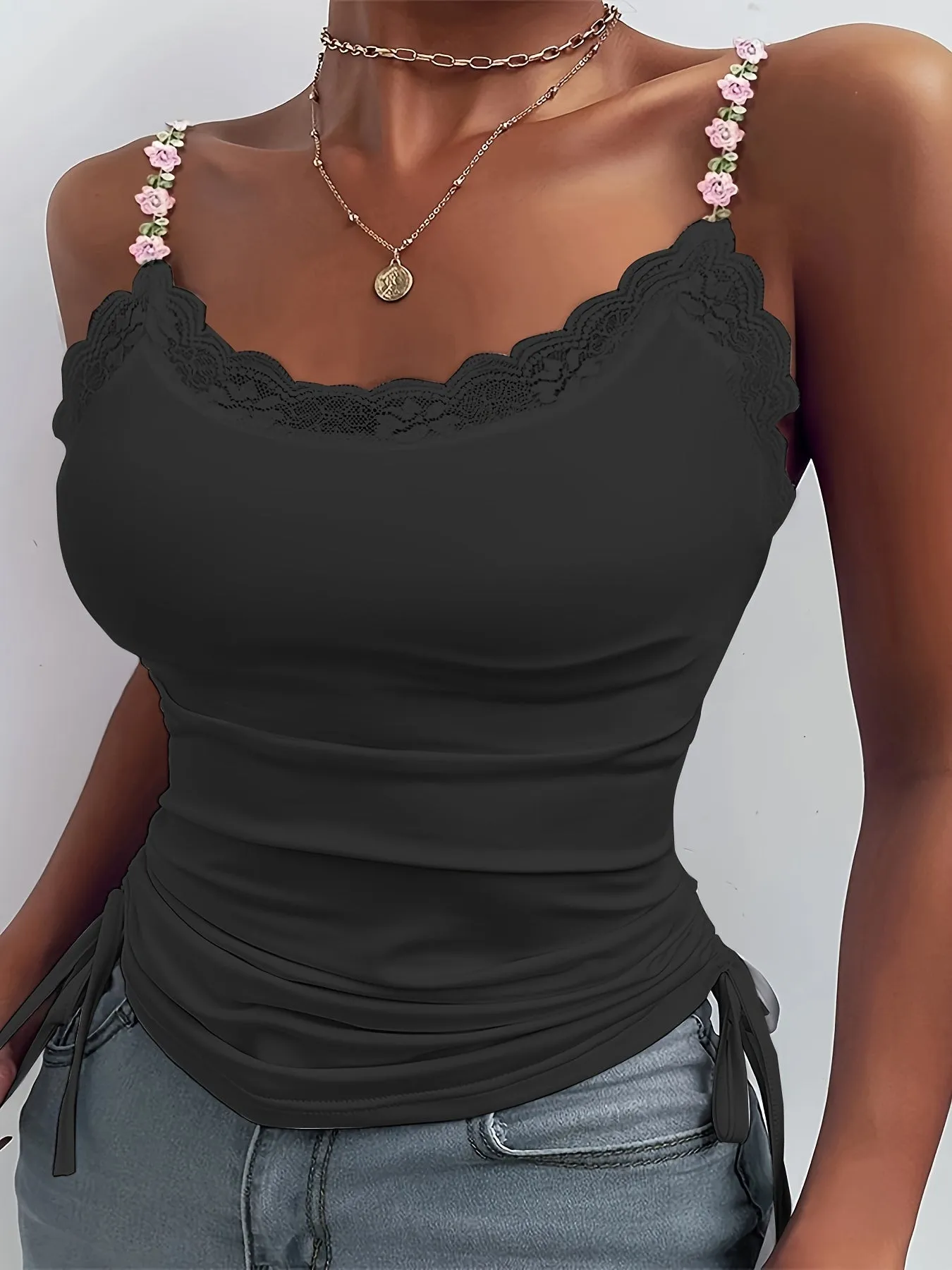 Floral Lace Trim Ruffle Hem Spaghetti Strap Tank Top