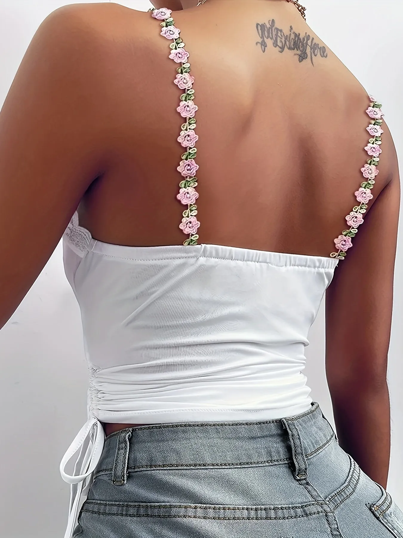 Floral Lace Trim Ruffle Hem Spaghetti Strap Tank Top