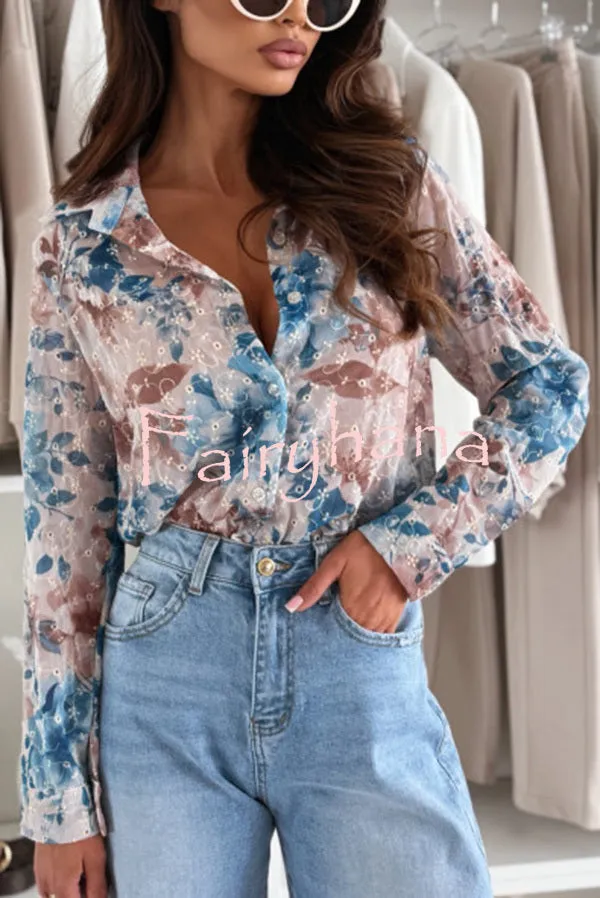 Floral Print Lapel Long Sleeve Casual Shirt