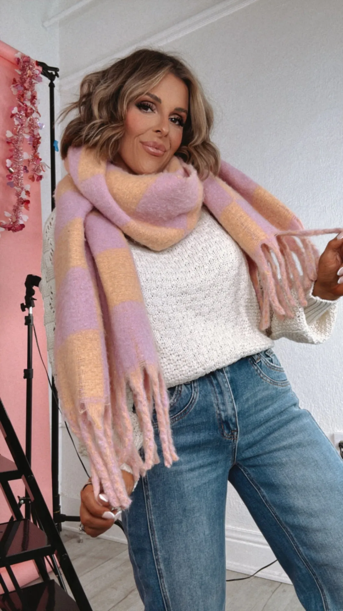 Fuzzy Checkered Scarf , Peach