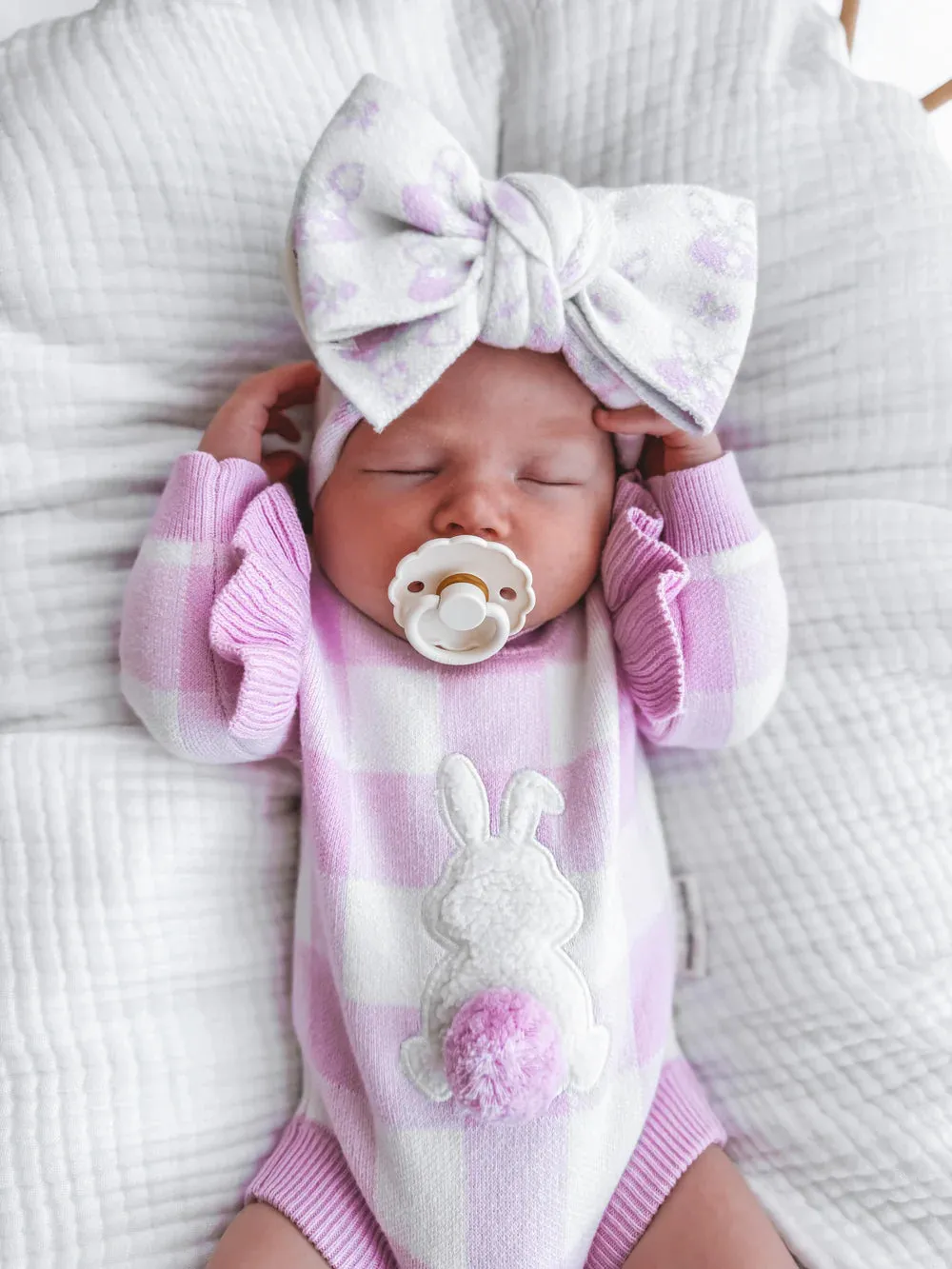 Gingham Bunny Long Sleeve Romper - Orchid