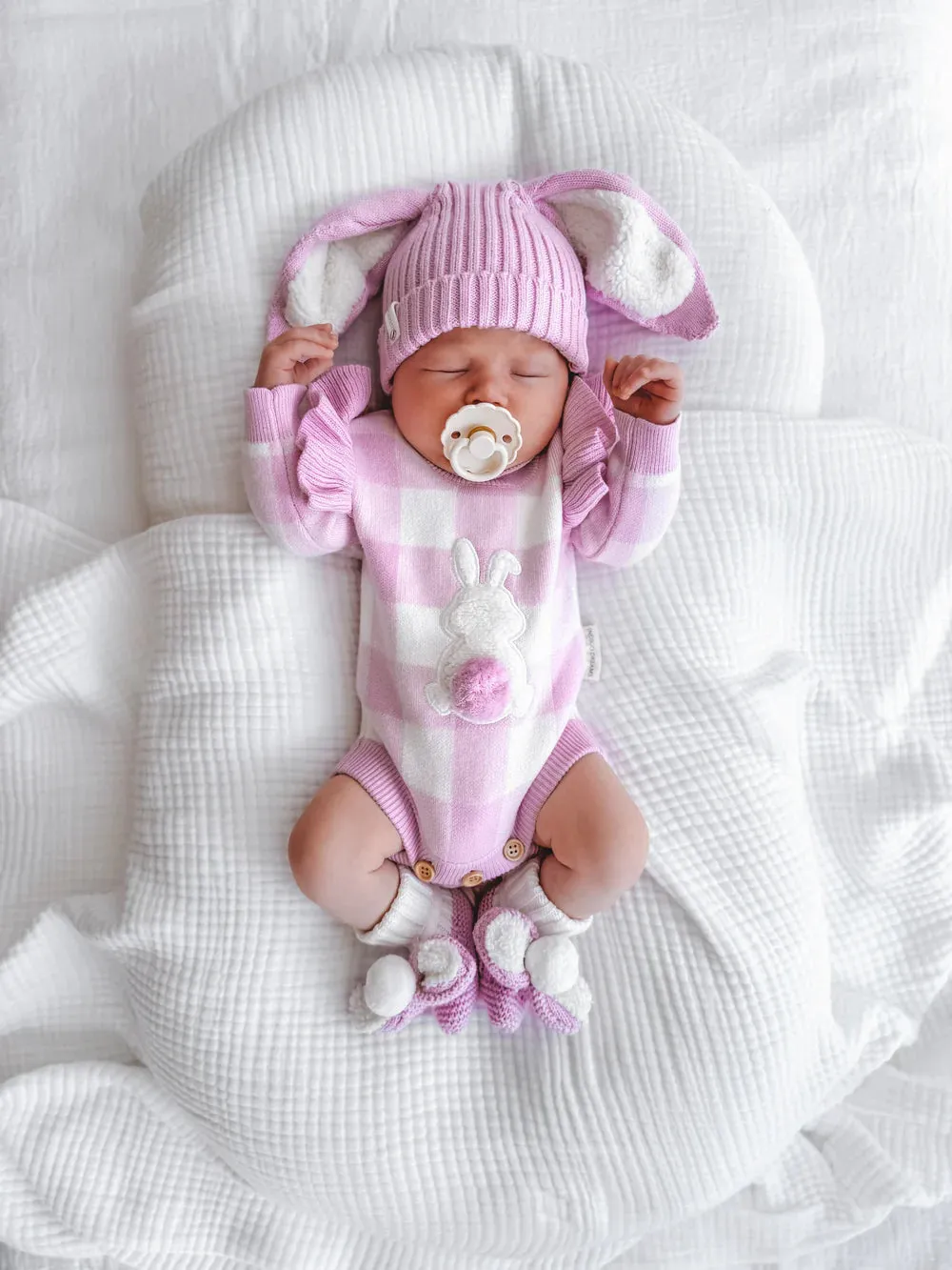 Gingham Bunny Long Sleeve Romper - Orchid