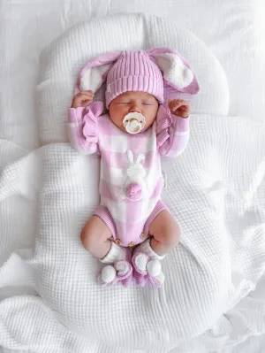 Gingham Bunny Long Sleeve Romper - Orchid