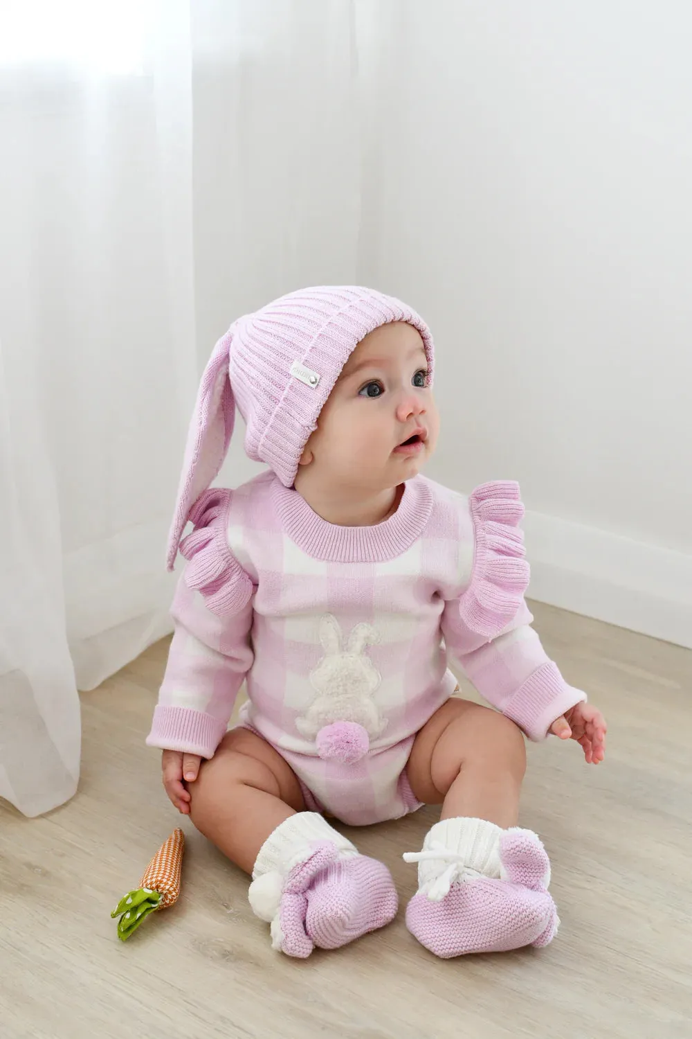 Gingham Bunny Long Sleeve Romper - Orchid