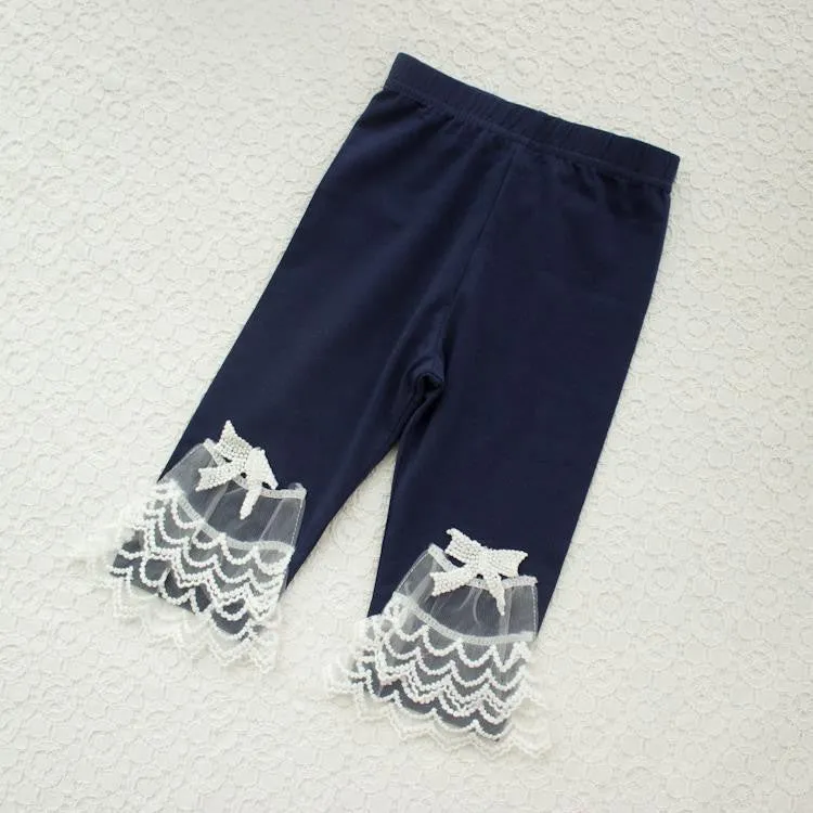 Girls Leggings Summer Style Children's Clothing Calf-length Baby Mesh Spliced Bow Lace Leggings Kid's Pants, Size 100-150
