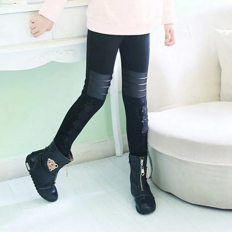 Girls Pants Winter Leggings Children Elastic Floral Lace Printed Flowers Warm Thick Cotton Gray Black Kids Trousers 6-11