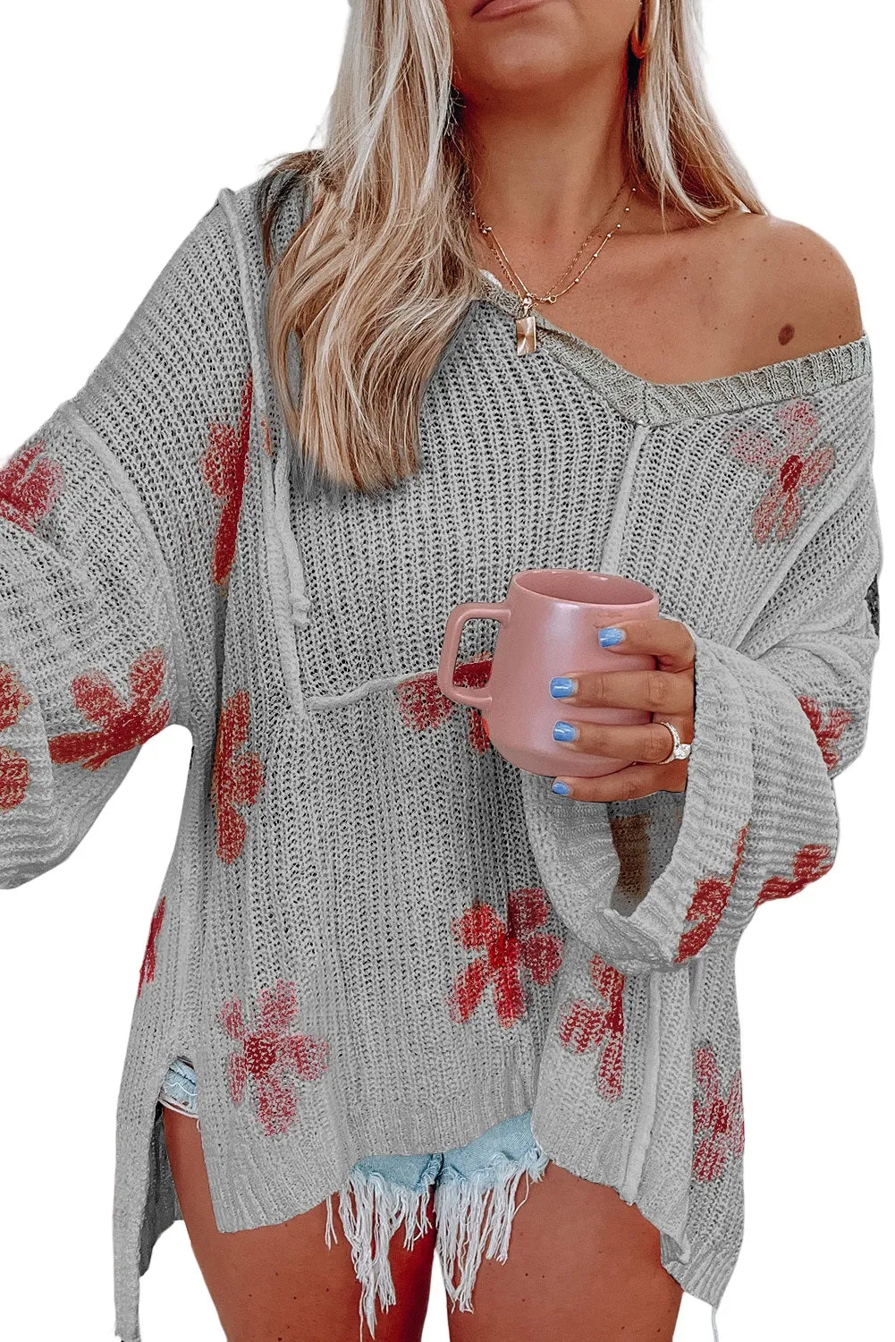 Gray White Floral Print Lightweight Knit Hooded Sweater