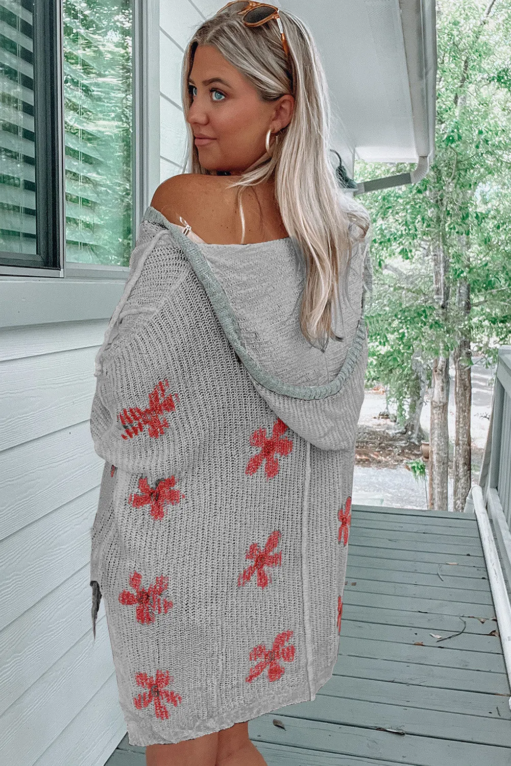 Gray White Floral Print Lightweight Knit Hooded Sweater