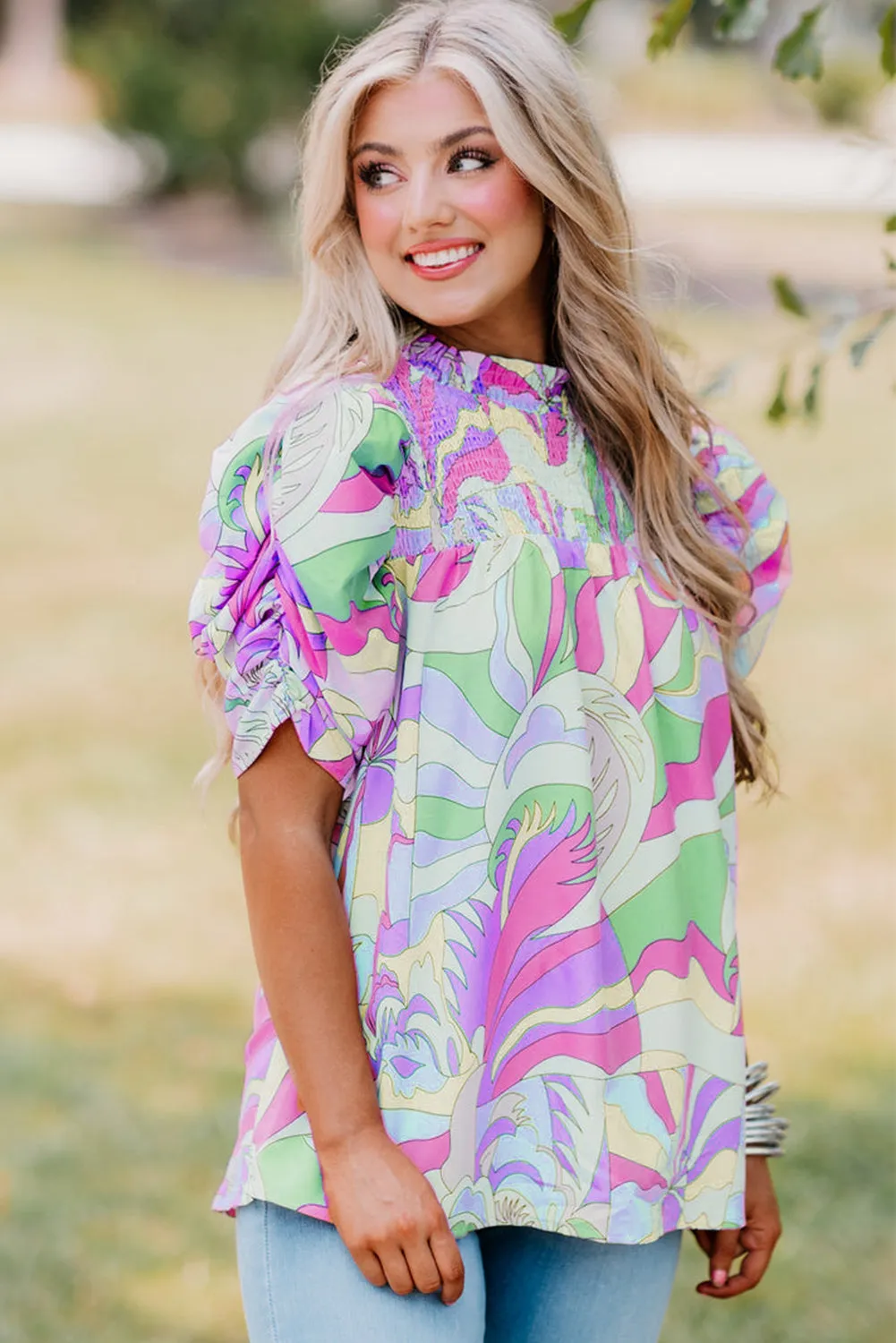 Green Abstract Print Bubble Sleeve Smock Detail Blouse