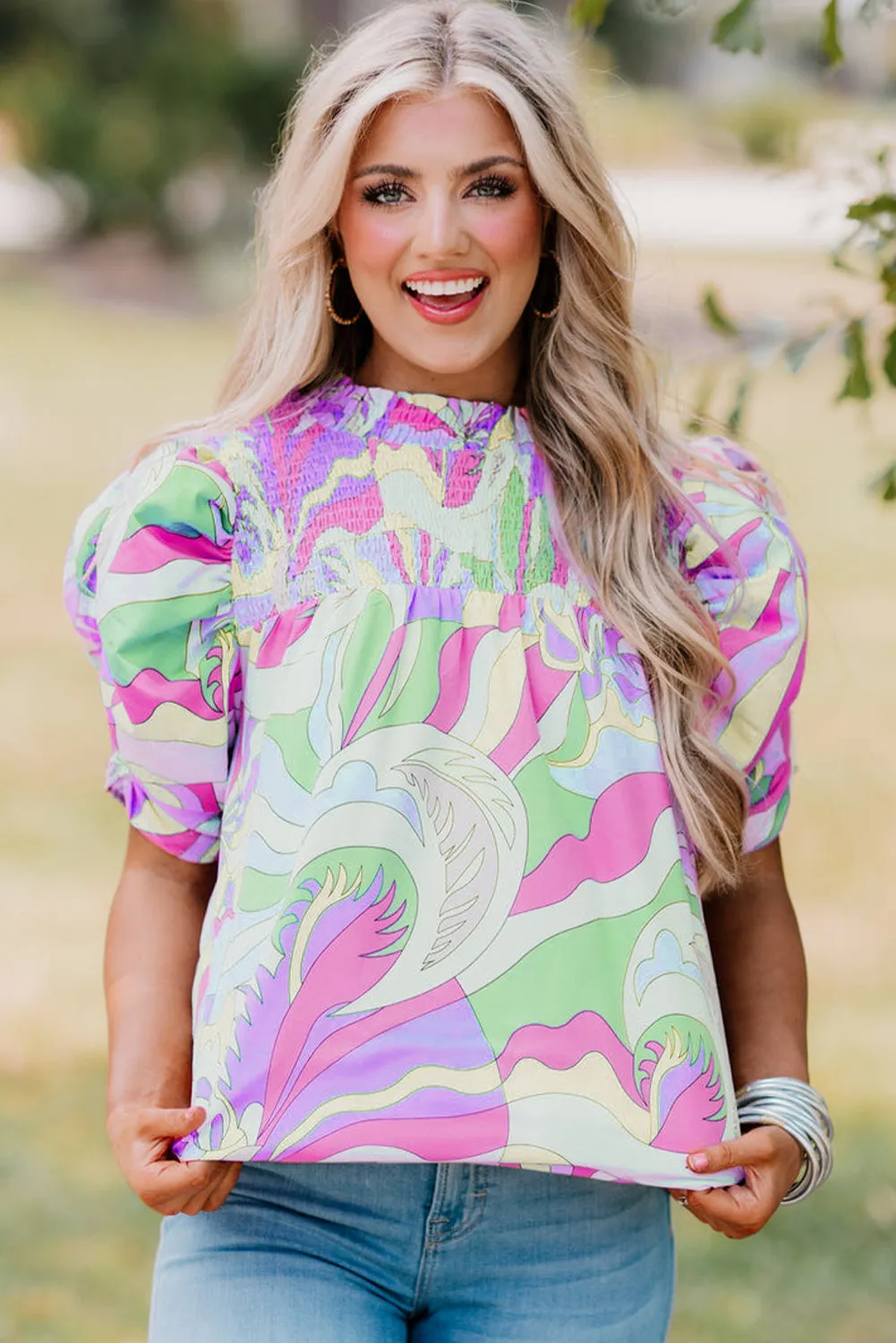 Green Abstract Print Bubble Sleeve Smock Detail Blouse