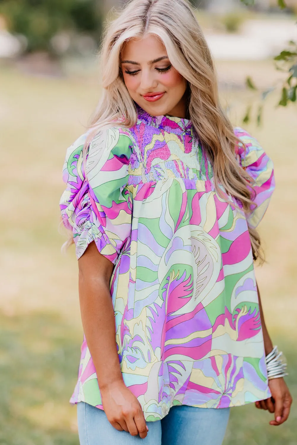 Green Abstract Print Bubble Sleeve Smock Detail Blouse