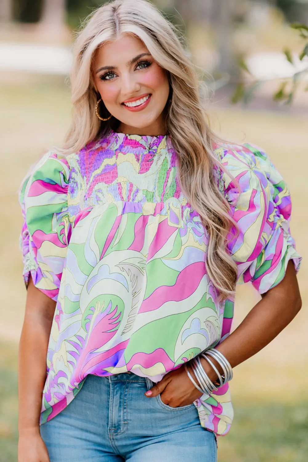 Green Abstract Print Bubble Sleeve Smock Detail Blouse